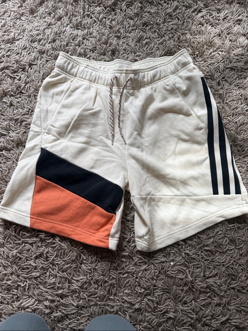 Men's Adidas Cream Athletic Shorts with Black and Orange Colorblock